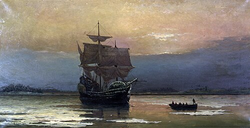 Mayflower_in_Plymouth_Harbor,_by_William_Halsall (34K)